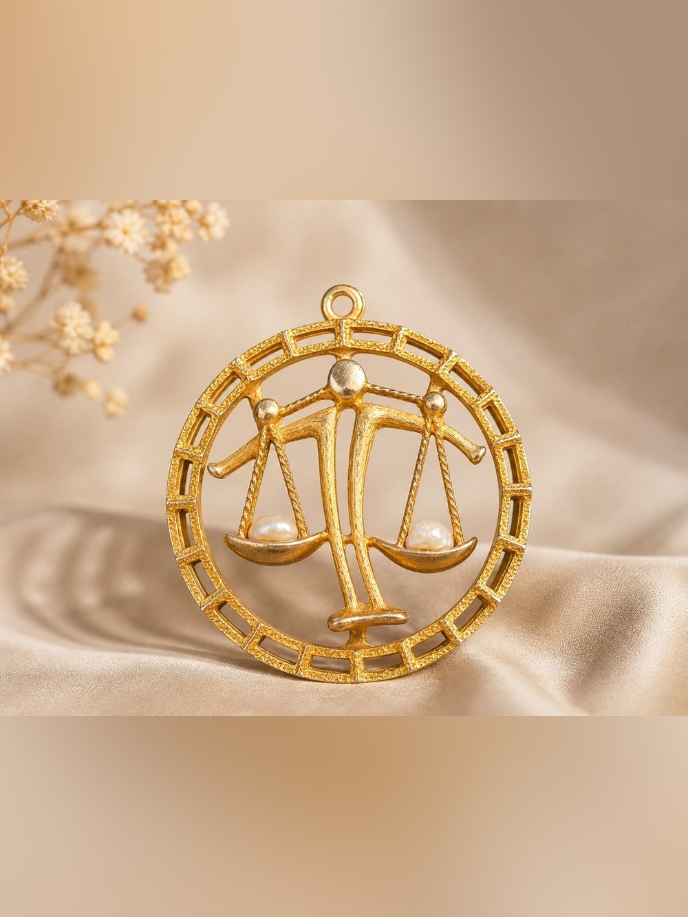 Vintage Libra Scales Large Pendant Gold Tone w Pearls • Zodiac Balance Statement